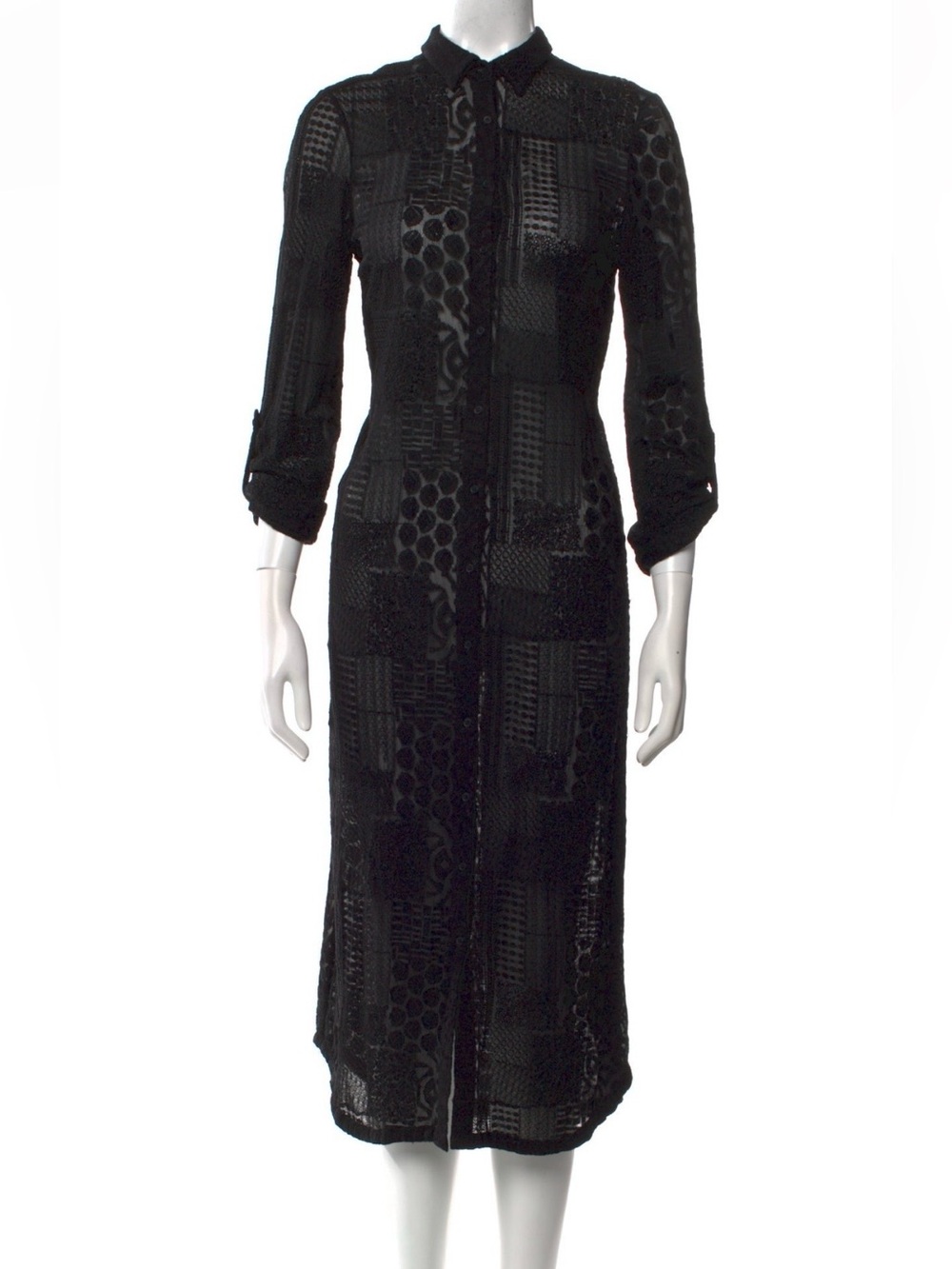Alice + Olivia Black Long Sleeve Patterned Midi Shirt Dress